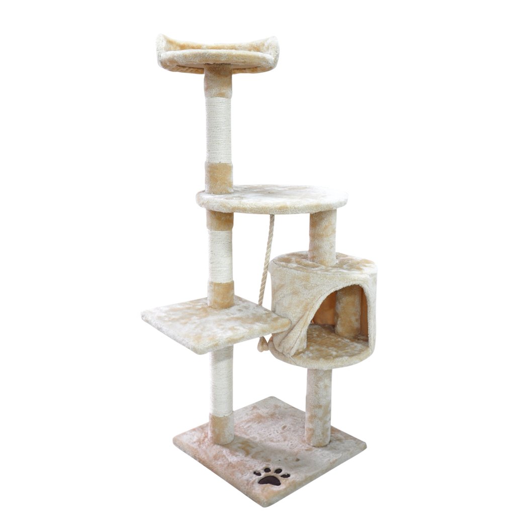 PaWz 1.1M Cat Scratching Post Tree featuring plush upholstery and natural sisal poles, designed for climbing and scratching.